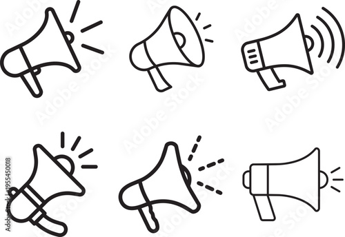 Megaphone Icons: A series of sleek, modern megaphone icons, perfect for representing communication, announcement, and voice. 