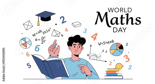 Illustration of a student learning mathematics on World Maths Day with floating math symbols and equations around him in a colorful and educational setting.