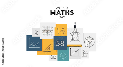 World Maths Day illustration with geometric shapes and math symbols on colorful squares against a white background.