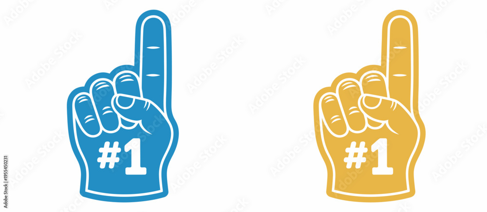 Fototapeta premium Number one foam fingers in blue and yellow isolated vector illustration, sports fan cheering hand accessory, stadium support, and team spirit symbol for sporting events