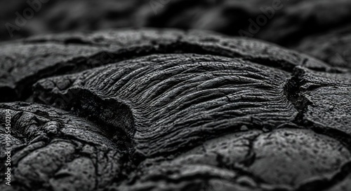 Dramatic black and white close up of solidified volcanic lava rock texture.