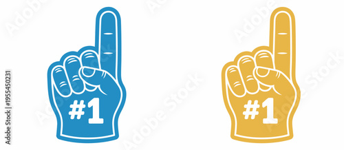 Number one foam fingers in blue and yellow isolated vector illustration, sports fan cheering hand accessory, stadium support, and team spirit symbol for sporting events