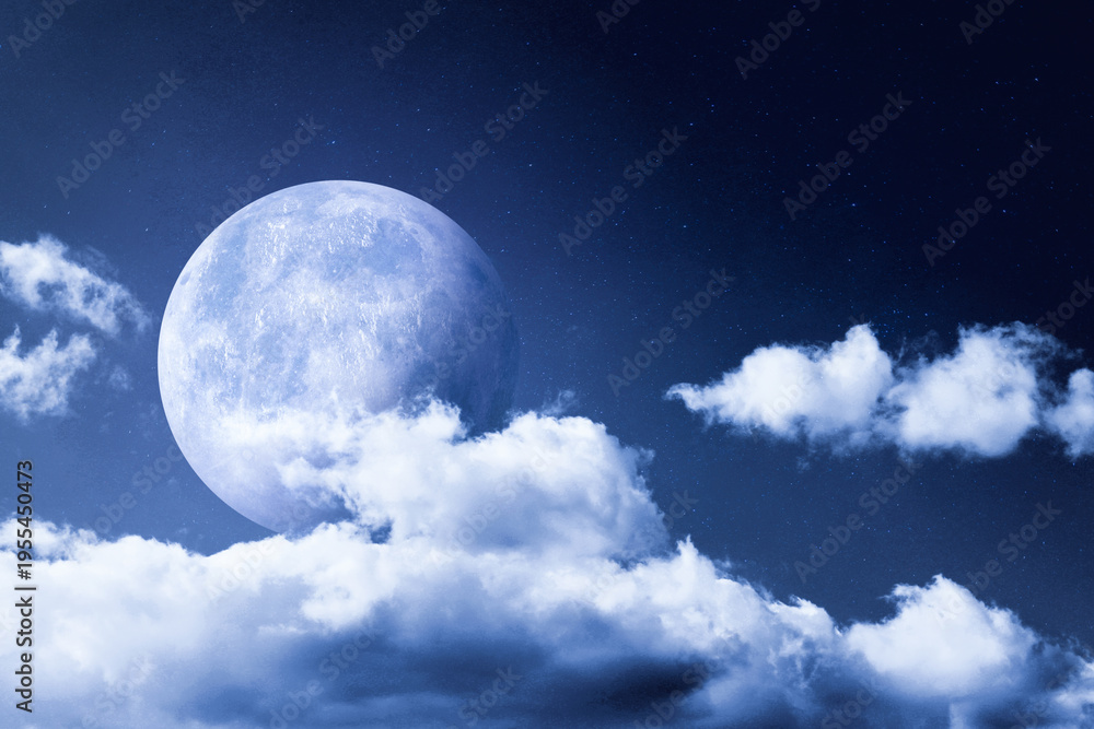 Fototapeta premium Big full moon among clouds in night sky