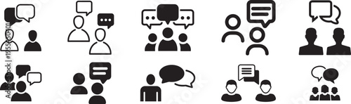Dialogue and Communication Icons: A collection of various silhouette icons representing conversation, discussion, and communication between individuals, illustrating the essence of exchanging ideas.