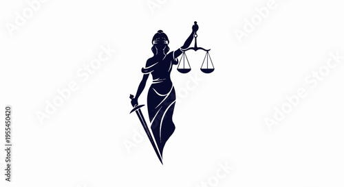 Justitia goddess of justice holding scales and sword in dark blue silhouette on white background