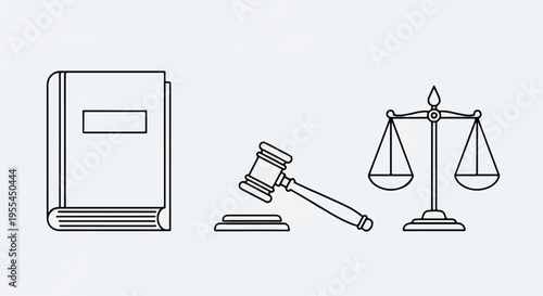 Law and justice symbols book gavel and scales on desk in courtroom setting with balance and judgment