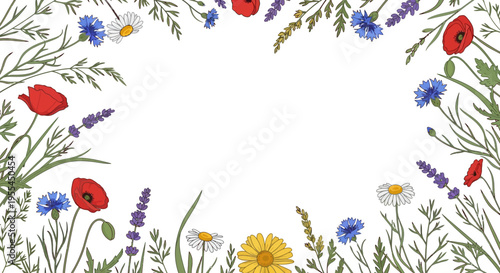 Colorful flowers and green leaves border.