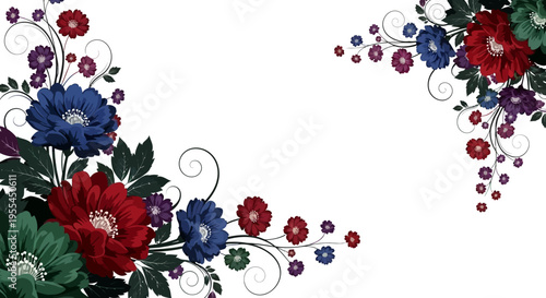 Colorful flowers with green leaves arrangement.
