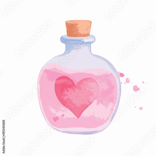 A pink liquid fills a glass bottle with a heart inside.