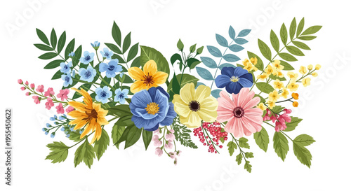 Colorful flowers and green leaves arrangement.