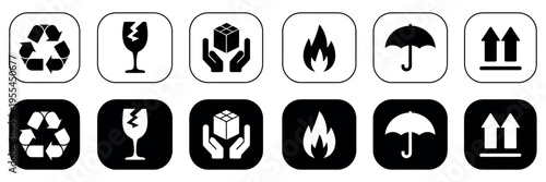 Packaging handling symbols set featuring shipping and logistics icons including fragile, flammable, recycle, keep dry, handle with care, vector illustration for cartons