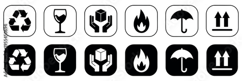 Packaging handling symbols vector set showing shipping and logistics icons such as fragile, flammable, recycle, keep dry, and handle with care for carton labels