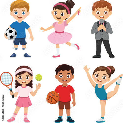 A group of cartoon children engaging in various sports and activities