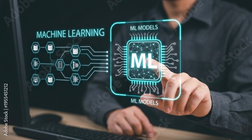 Machine learning, ml models, artificial intelligence, technology, data science, innovation, ai interface showing data processing and neural networks for futuristic computing.