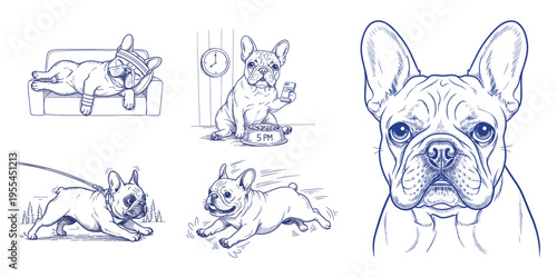 French Bulldog line art set with various poses illustration — elegant simplicity, dog culture and visual content for social media, branding and educational purposes in lifestyle