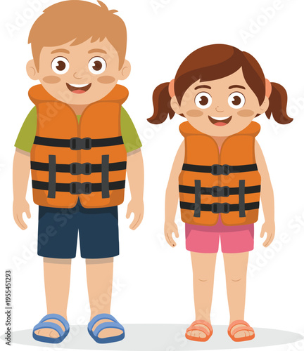 Two children wearing orange life jackets standing side by side