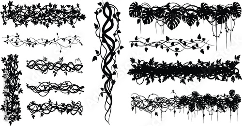 Decorative jungle vine borders set, tropical leaves frames collection, ornamental botanical elements, black silhouette vector illustration isolated background bundle