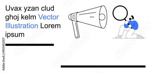 Communication, promotion, information sharing, search, discovery, analysis. A megaphone beside a person observing through a magnifying glass. Communication and search concepts