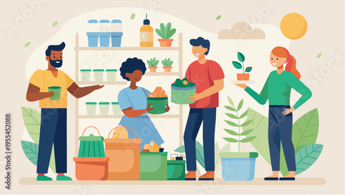 Intentional consumption concept with diverse people choosing sustainable products reducing waste and supporting mindful eco friendly lifestyle