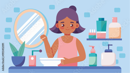 Happy tween girl doing skincare routine in bathroom near mirror washing face with products and enjoying daily hygiene at home