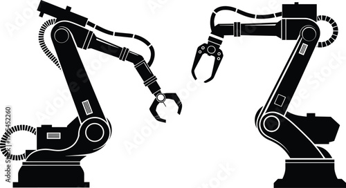 Silhouette vector of industrial robotic arms with mechanical grippers and joints, automation technology design for manufacturing and assembly line illustration