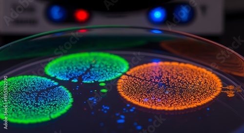 Fluorescent petri dish with colorful glowing bacteria cultures in laboratory setting