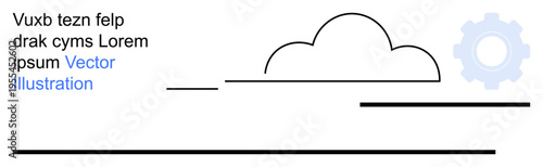 Technology, data processing, cloud computing, workflow, minimalism, futuristic design. Abstract cloud and gear graphic with horizontal lines and random text. Technology and data processing concept