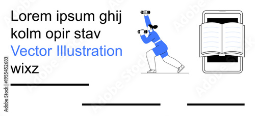 Digital learning, exploration, education technology, virtual tools, information discovery, mobile learning. Person holding binoculars, book on smartphone. Digital learning and exploration concept