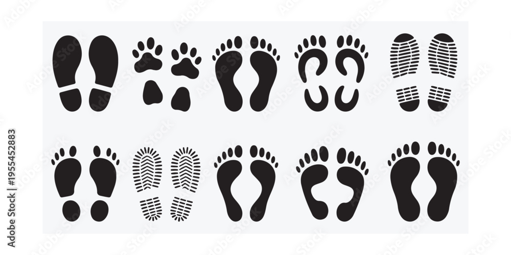 Fototapeta premium Human footprints. Foot imprint, boot footsteps. Shoe and sneaker footprint silhouettes. Male and female high heel track. Adult and children barefoot sand beach imprint. Footprints in eps 10