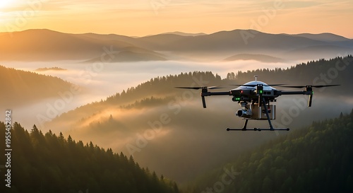 Drone flying over foggy mountains at sunrise aerial landscape photography