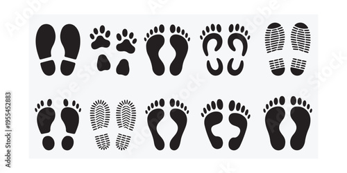 Human footprints. Foot imprint, boot footsteps. Shoe and sneaker footprint silhouettes. Male and female high heel track. Adult and children barefoot sand beach imprint. Footprints in eps 10