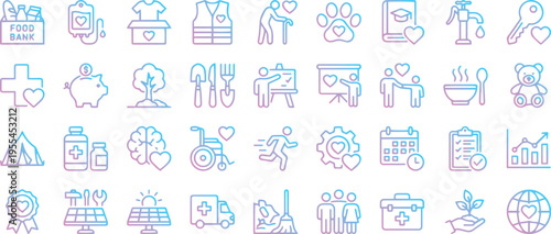 Charity volunteering, social support outline icons pack. Line signs community aid, food bank, medical health and ecology. Thin gradient vector icons set perfect for web infographic NGO projects.