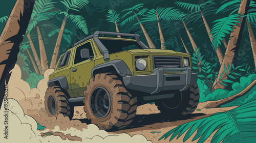 Rugged 4x4 driving through giant ferns – Perfect for off-roading enthusiasts, nature documentaries, or expedition gear marketing.