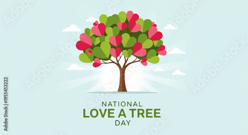 National love a tree day poster with colorful tree and text on light blue background