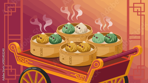 Steaming dragon dumplings in bamboo baskets – Suitable for dim sum restaurant ads, creative cooking blogs, or Asian heritage themes.