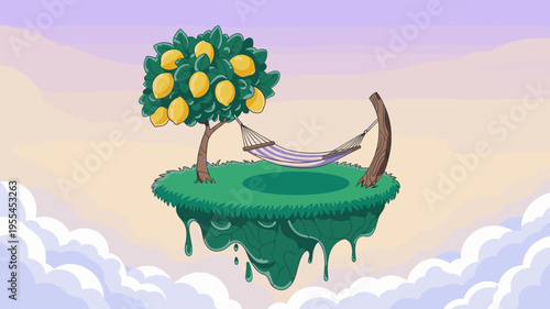 Whimsical tropical floating island with lemon tree illustration