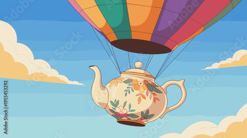 Colorful vintage teapot hot air balloon illustration in clouds
