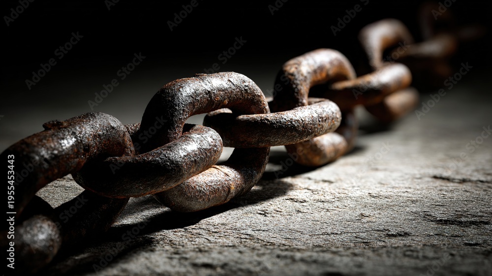 Obraz premium constraint. Heavy chain links resting on a textured surface, creating an impression. safety posters, maintenance manuals, designed for precision metalworking and fabrication facilities.