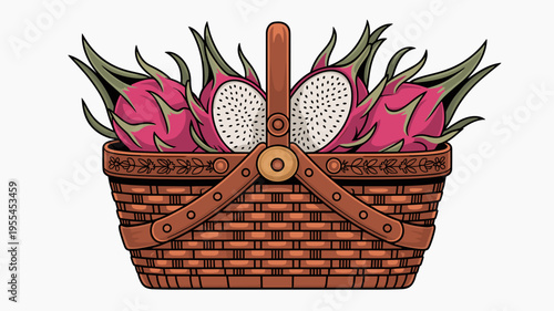 Antique picnic basket with tropical fruit – Great for high-end catering brochures, summer picnic guides, or botanical art.