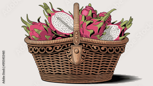 Ornate wicker basket with pink dragon fruit – Perfect for garden party promotions, tropical fruit marketing, or gourmet gift ads.