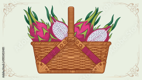 Decorative Victorian basket with exotic fruit – Suitable for elegant event planning, fruit export branding, or period-style decor.