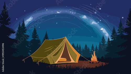 Night camping in pine forest with stars – Suitable for mindfulness apps, van life content, or mountain tourism marketing.