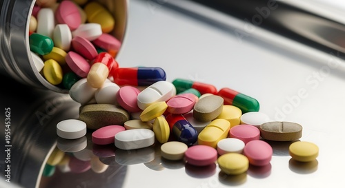 Colorful pills and capsules spilled from bottle on reflective surface