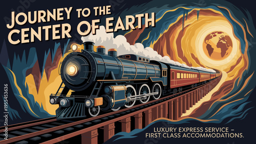 Luxury express train to the world's core – Suitable for high-end travel agencies, sci-fi literature, or retro-futurism decor.