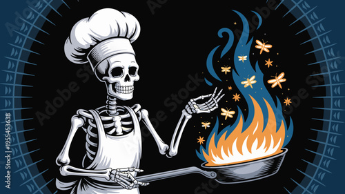 Whimsical skeleton chef with firefly flambé – Suitable for fantasy cookbook covers, artistic bar menus, or macabre decor.