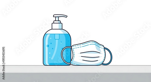 Illustration of hand sanitizer and face mask on a shelf