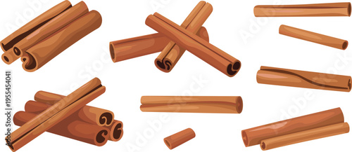 Cinnamon sticks vector illustration set isolated spice elements in different arrangements for cooking organic natural ingredient culinary design collection