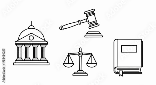 Justice system symbols with courthouse gavel scales and law book in line art style on white background