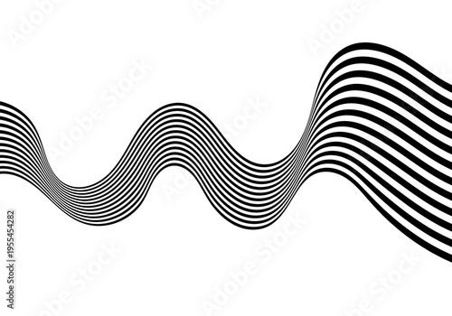 Minimalist abstraction with black parallel wavy lines on white background in optical illusion style. Eps 10
