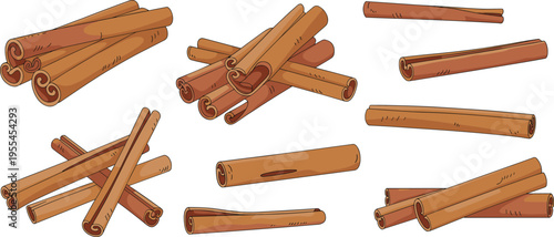Cinnamon sticks vector illustration set with various arrangements isolated spice elements for cooking organic natural ingredient culinary design collection
